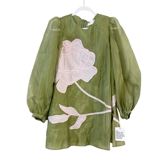 ASOS Edition Applique Floral Volume Sleeve A-Line Mini Dress Olive Pink Sz 6 NWT - Picture 5 of 12